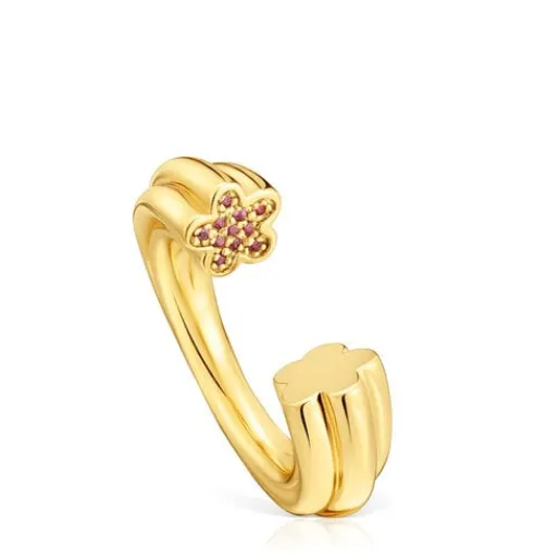 Anillo abierto con baño de oro 18 kt sobre plata y motivo flor con rodolitas 1950^TOUS Hot
