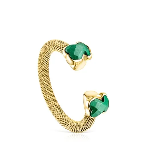 Anillo abierto de acero IP dorado y malaquita Mesh Color^TOUS Discount
