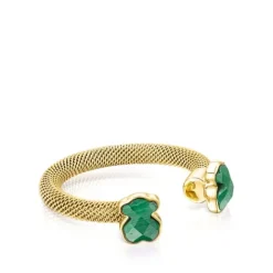 Anillo abierto de acero IP dorado y malaquita Mesh Color^TOUS Discount