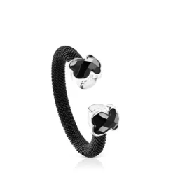 Anillo abierto de acero IP negro y ónix Mesh Color^TOUS Discount