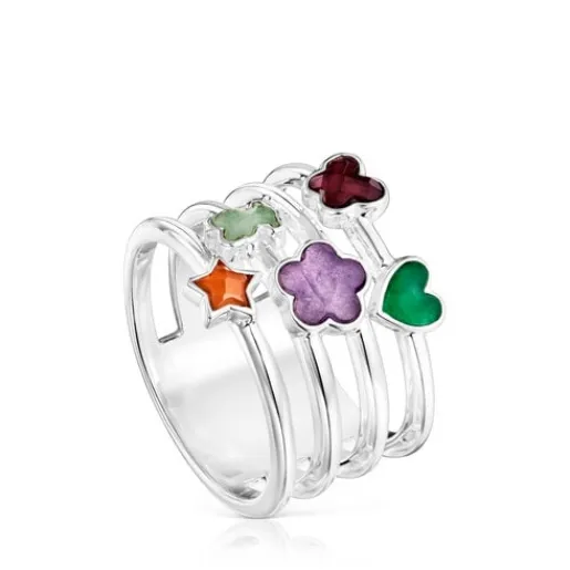 Anillo ancho de plata y gemas motivos Bold Motif^TOUS Hot