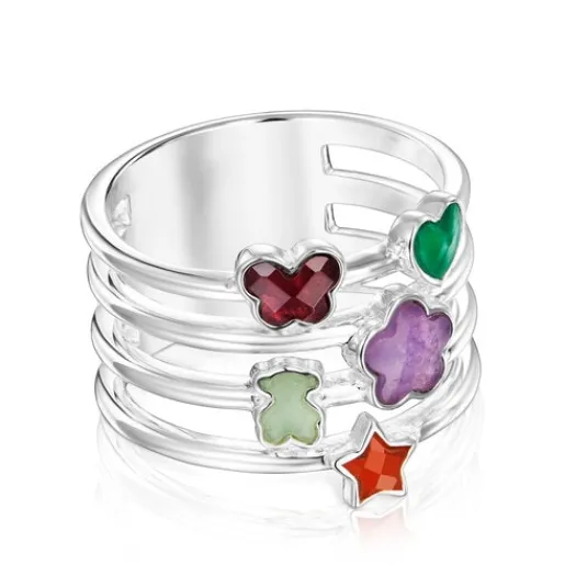 Anillo ancho de plata y gemas motivos Bold Motif^TOUS Hot