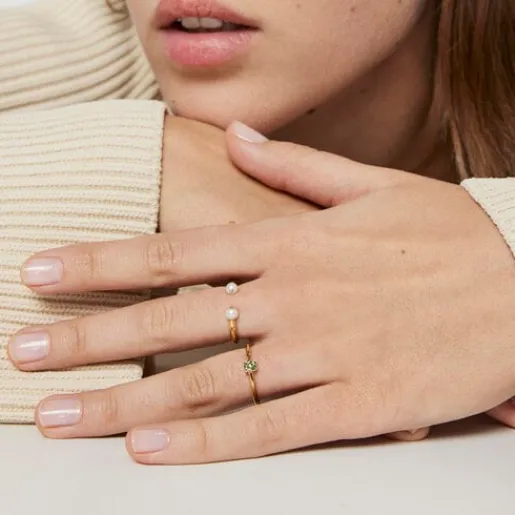 Anillo con baño de oro 18 kt sobre plata y oso de cromodiópsidos New Motif^TOUS Sale