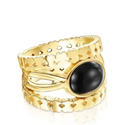Anillo con baño de oro 18 kt sobre plata y ónix Straight^TOUS Outlet