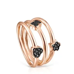 Anillo con baño de oro rosa 18 kt sobre plata y espinelas motivos oso, corazón y flor Motif^TOUS New