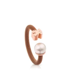 Anillo de acero con baño de oro rosa 18 kt sobre plata y perla cultivada motivo oso Icon Mesh^TOUS New