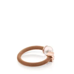Anillo de acero con baño de oro rosa 18 kt sobre plata y perla cultivada motivo oso Icon Mesh^TOUS New