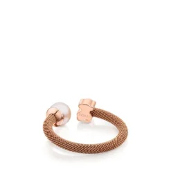 Anillo de acero con baño de oro rosa 18 kt sobre plata y perla cultivada motivo oso Icon Mesh^TOUS New
