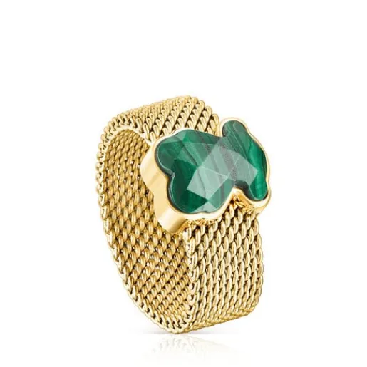 Anillo de acero IP dorado y malaquita facetada motivo oso Mesh Color^TOUS Hot