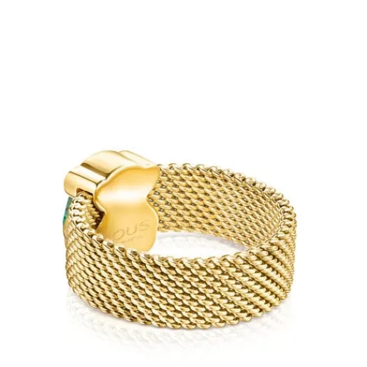Anillo de acero IP dorado y malaquita facetada motivo oso Mesh Color^TOUS Hot