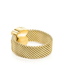 Anillo de acero IP dorado y howlita facetada motivo oso Mesh Color^TOUS