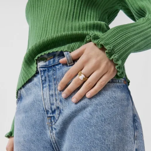 Anillo de acero IP dorado y howlita facetada motivo oso Mesh Color^TOUS