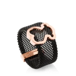 Anillo de acero IP negro con baño de oro rosa 18 kt sobre plata motivo silueta oso Icon Mesh^TOUS Outlet