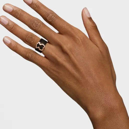 Anillo de acero IP negro con baño de oro rosa 18 kt sobre plata motivo silueta oso Icon Mesh^TOUS Outlet