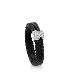 Anillo de acero IP negro y oro blanco con diamantes motivo oso estrecho Icon Mesh^TOUS Hot