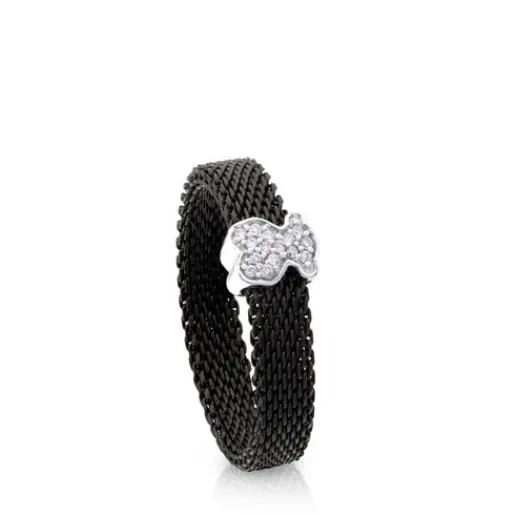 Anillo de acero IP negro y oro blanco con diamantes motivo oso estrecho Icon Mesh^TOUS Hot