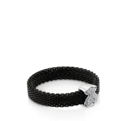 Anillo de acero IP negro y oro blanco con diamantes motivo oso estrecho Icon Mesh^TOUS Hot
