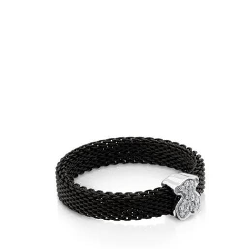 Anillo de acero IP negro y oro blanco con diamantes motivo oso estrecho Icon Mesh^TOUS Hot