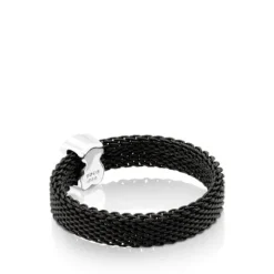 Anillo de acero IP negro y oro blanco con diamantes motivo oso estrecho Icon Mesh^TOUS Hot