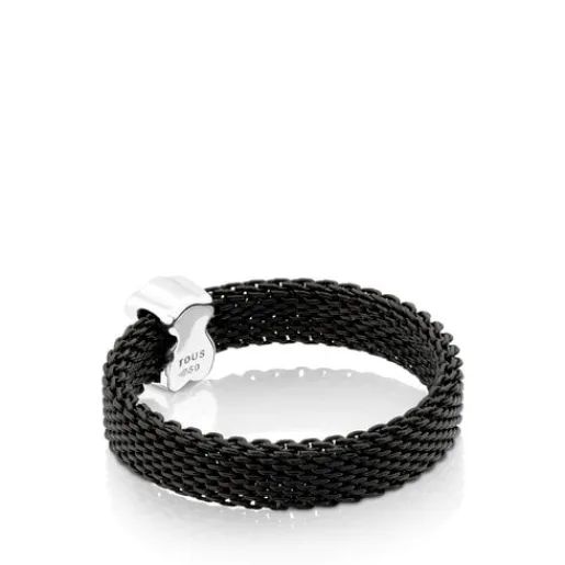 Anillo de acero IP negro y oro blanco con diamantes motivo oso estrecho Icon Mesh^TOUS Hot