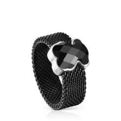 Anillo de acero IP negro y ónix facetado motivo oso Mesh Color^TOUS New