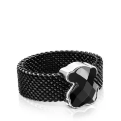 Anillo de acero IP negro y ónix facetado motivo oso Mesh Color^TOUS New