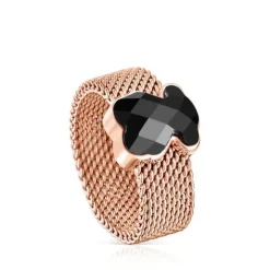 Anillo de acero IP rosado y ónix facetado motivo oso Mesh Color^TOUS Hot