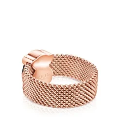 Anillo de acero IP rosado y ónix facetado motivo oso Mesh Color^TOUS Hot