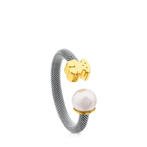 Anillo de acero y oro con perla cultivada motivo oso Icon Mesh^TOUS Best