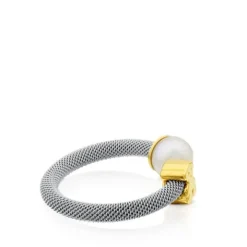 Anillo de acero y oro con perla cultivada motivo oso Icon Mesh^TOUS Best