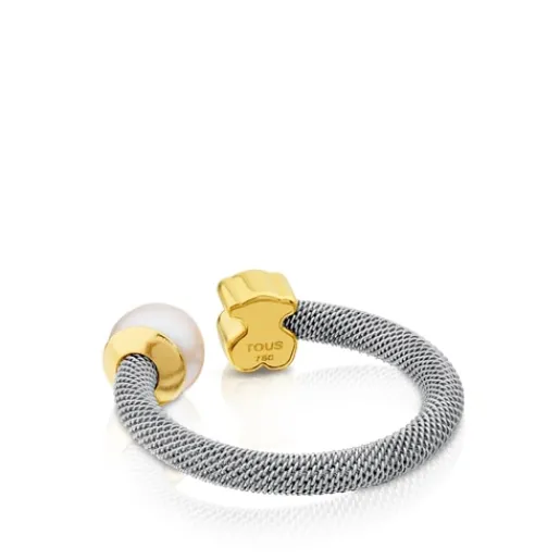 Anillo de acero y oro con perla cultivada motivo oso Icon Mesh^TOUS Best