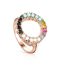 Anillo disco con baño de oro rosa 18 kt sobre plata y gemas multicolor Straight^TOUS New