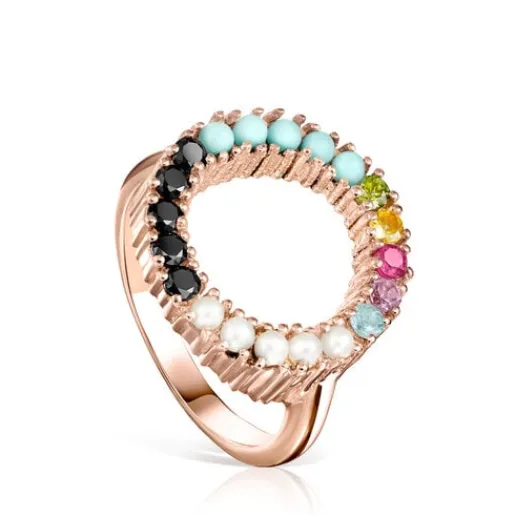 Anillo disco con baño de oro rosa 18 kt sobre plata y gemas multicolor Straight^TOUS New