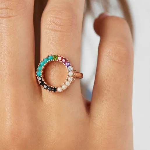 Anillo disco con baño de oro rosa 18 kt sobre plata y gemas multicolor Straight^TOUS New