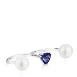 Anillo doble abierto de oro blanco, iolita y perla cultivada Ivette^TOUS Hot