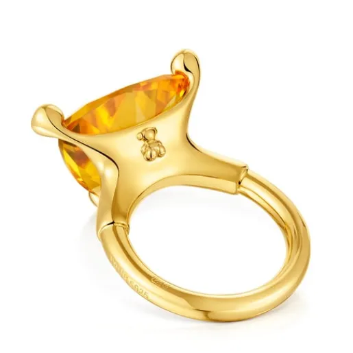 Anillo grande con baño de oro 18 kt sobre plata y citrino creado en laboratorio Color LGG^TOUS Discount