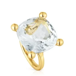 Anillo grande con baño de oro 18 kt sobre plata y cuarzo cristal de roca Color White^TOUS New