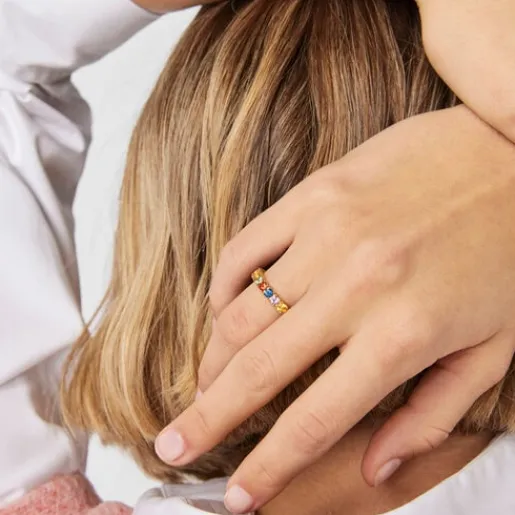Anillo media alianza con baño de oro 18 kt sobre plata y 9 zafiros multicolor Glaring^TOUS Outlet