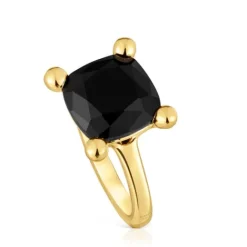 Anillo mediano con baño de oro 18 kt sobre plata y ónix Color Black^TOUS Discount