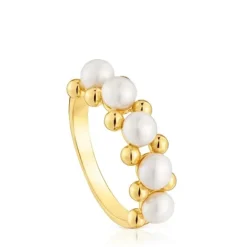 Anillo mediano con baño de oro de 18 kt sobre plata y perlas cultivadas Gloss^TOUS Hot