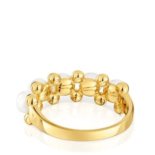 Anillo mediano con baño de oro de 18 kt sobre plata y perlas cultivadas Gloss^TOUS Hot