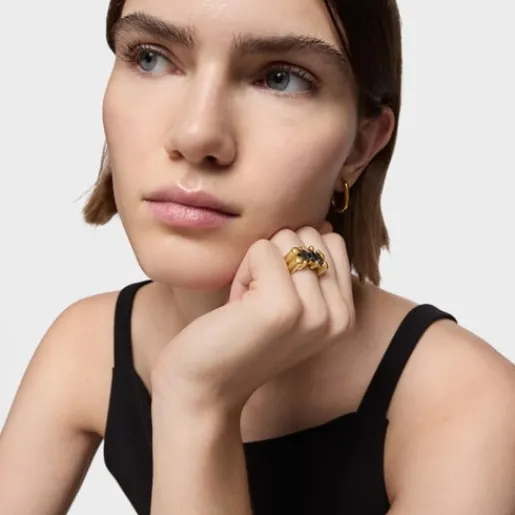 Anillo mediano motivo oso con baño de oro 18 kt sobre plata y ónix Color Bear^TOUS Best