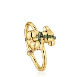 Anillo mediano oso con baño de oro 18 kt sobre plata y cromodiópsido Lligat^TOUS New
