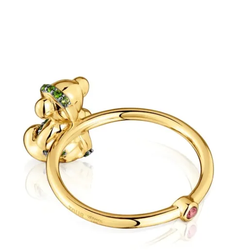 Anillo mediano oso con baño de oro 18 kt sobre plata y cromodiópsido Lligat^TOUS New