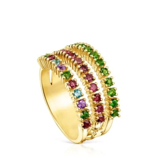 Anillo triple con baño de oro 18 kt sobre plata y gemas Straight^TOUS Sale