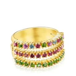 Anillo triple con baño de oro 18 kt sobre plata y gemas Straight^TOUS Sale