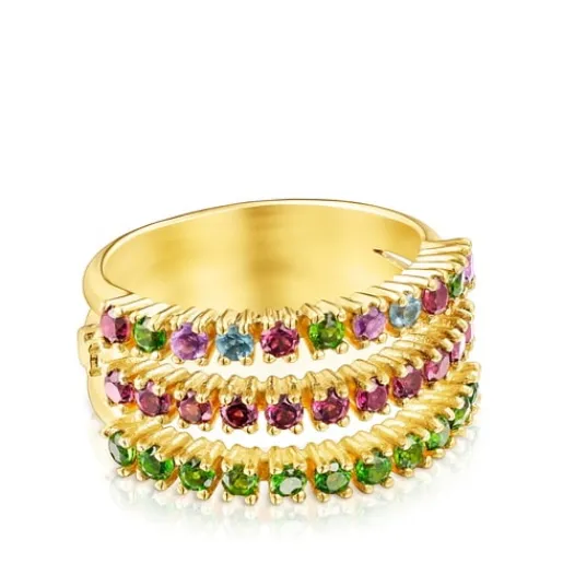 Anillo triple con baño de oro 18 kt sobre plata y gemas Straight^TOUS Sale