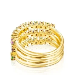 Anillo triple con baño de oro 18 kt sobre plata y gemas Straight^TOUS Sale