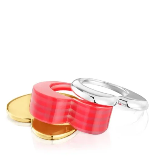 Pack anillos grandes corazón bicolor y acetato rosa My Other Half^TOUS Sale