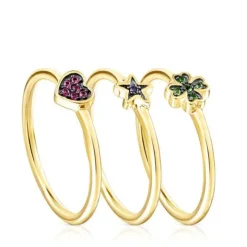 Pack de Anillos con baño de oro 18 kt sobre plata y gemas Teddy Bear Stars^TOUS Online